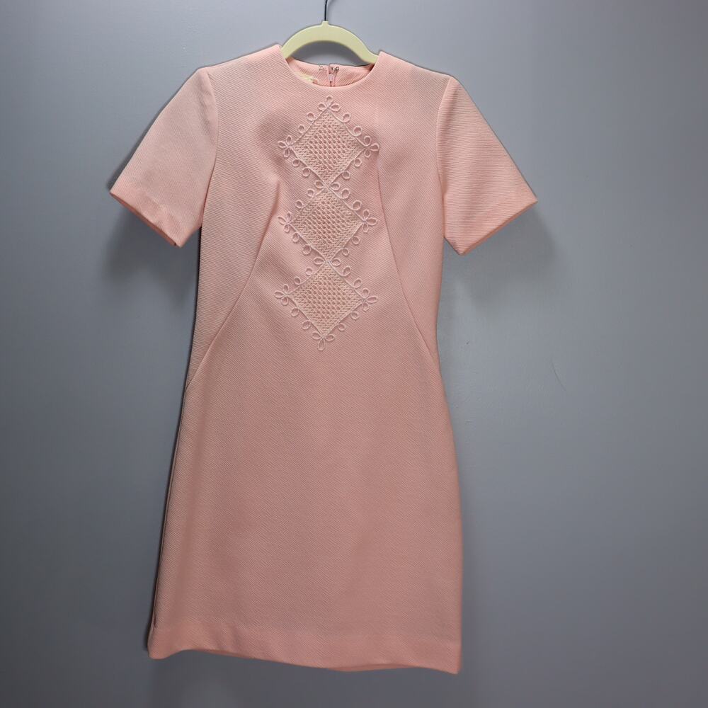 Vintage Pink Embroidered Shift Dress | 1960s Mod Handmade Polyester